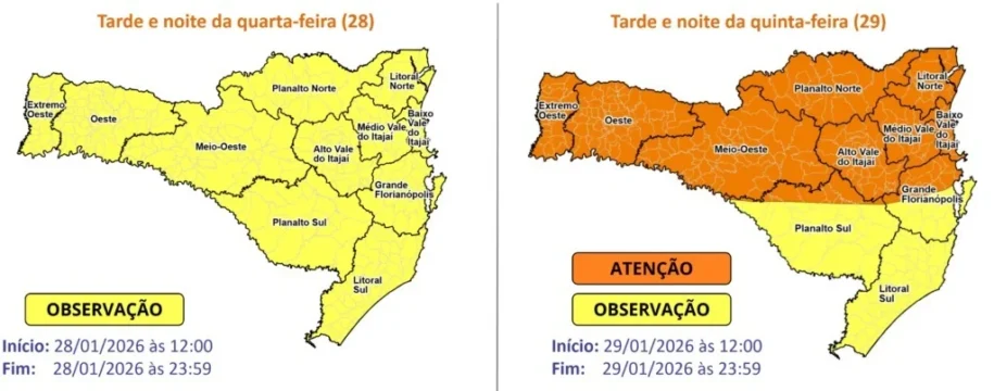 Defesa Civil alerta para temporais em SC com risco alto de alagamentos e destelhamentos
