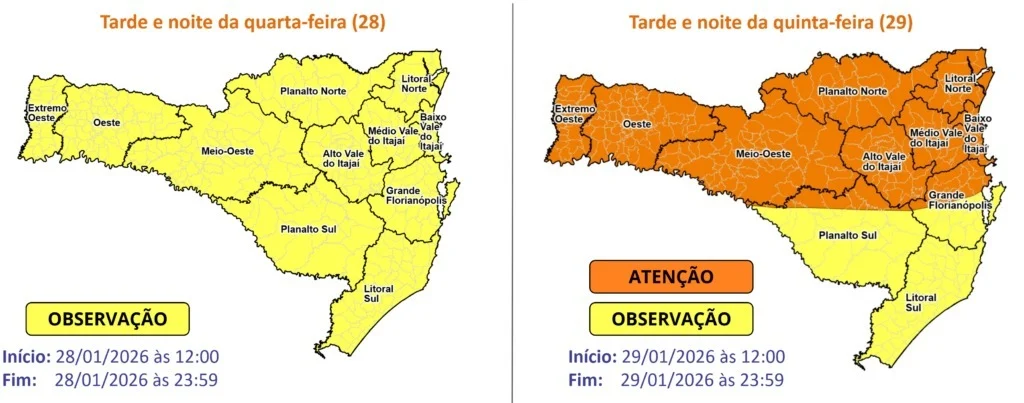 Defesa Civil alerta para temporais em SC com risco alto de alagamentos e destelhamentos