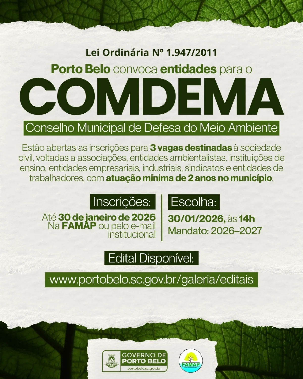 Prefeitura de Porto Belo convoca entidades para preencher vagas no COMDEMA