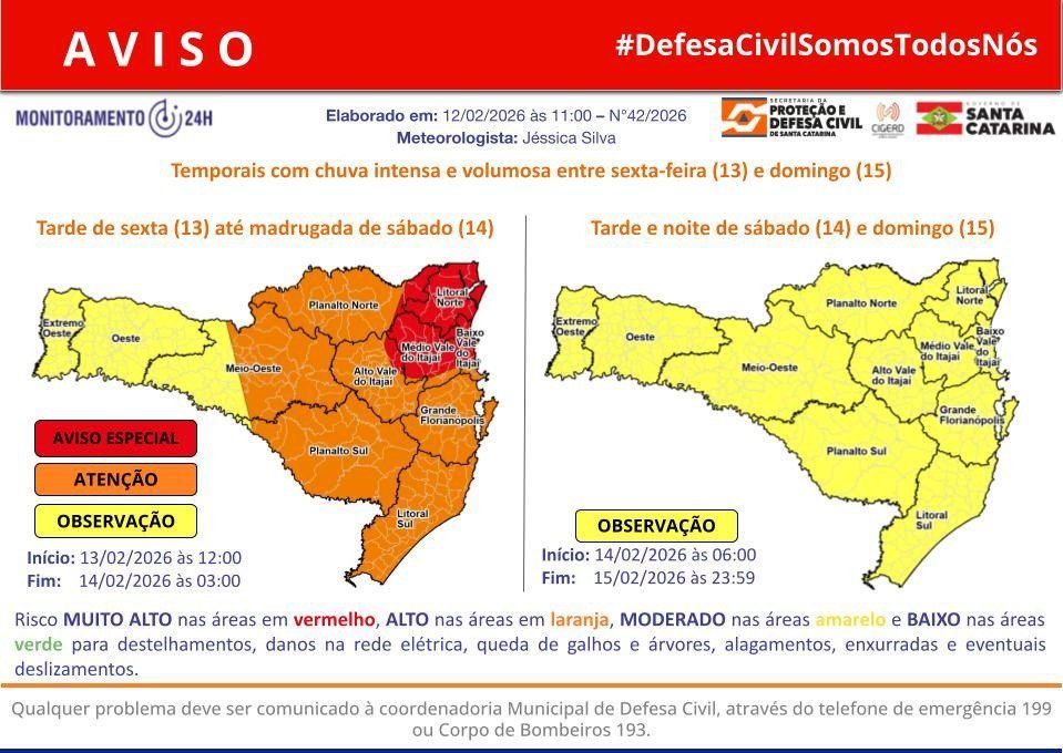 Defesa Civil de SC alerta para temporais e risco de alagamentos até domingo