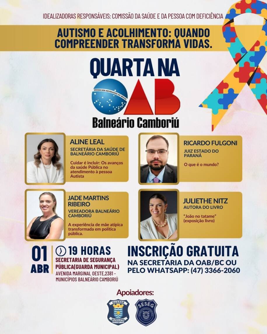 OAB de Balneário Camboriú promove evento gratuito sobre autismo em abril