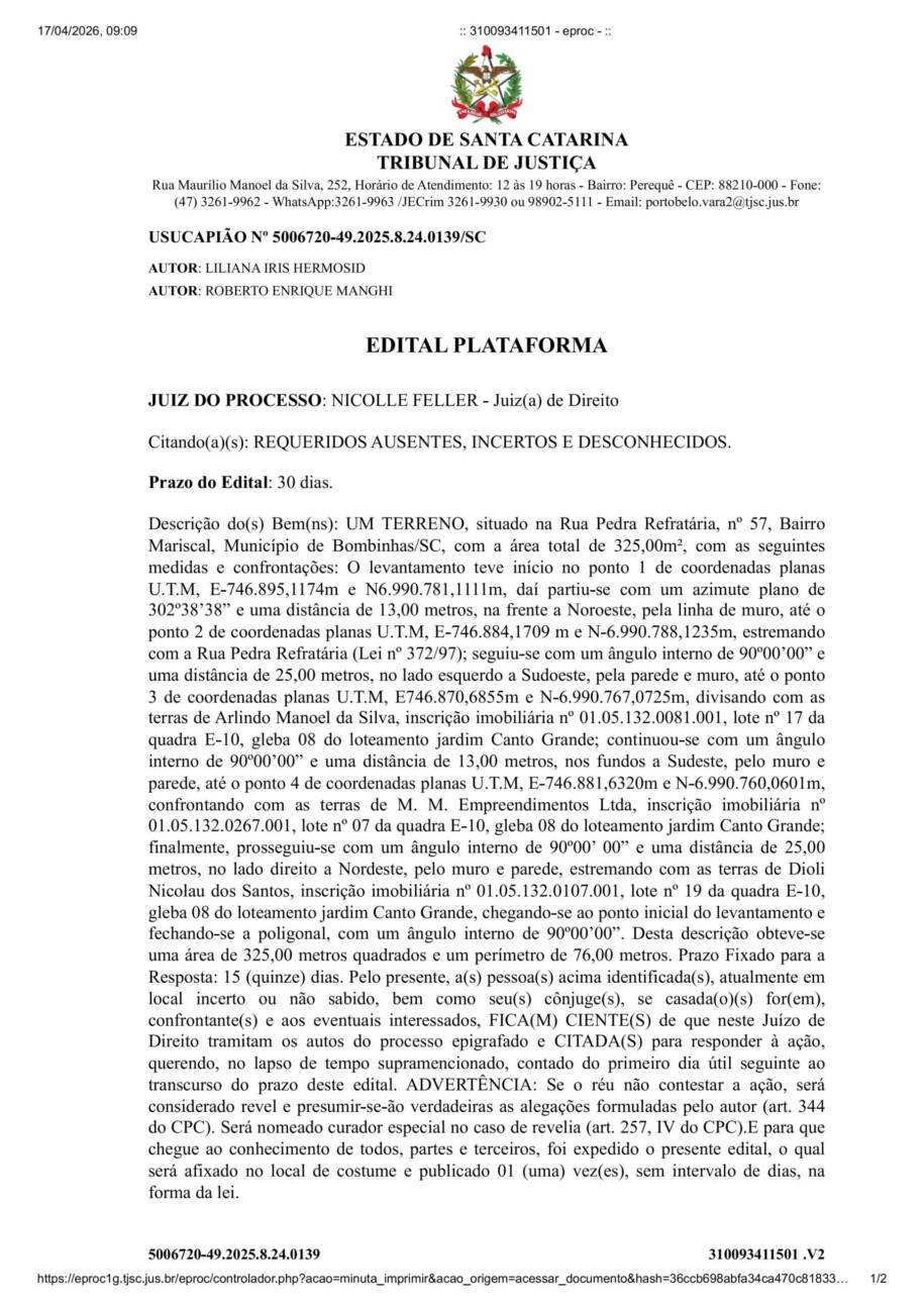 Balneário Camboriú publica Usucapião nº 5006720-49.2025.8.24.0139/SC e gera polêmica