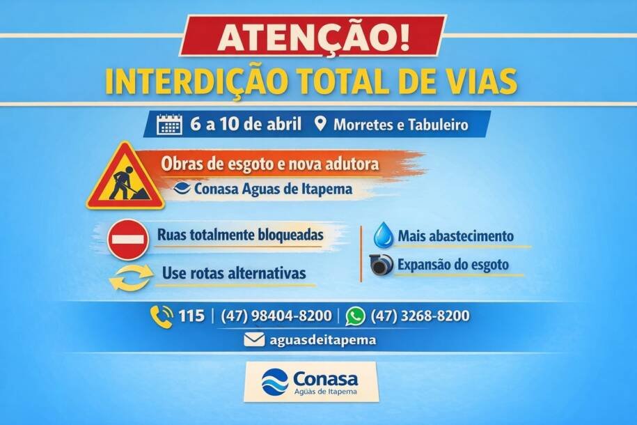 Conasa realiza interdição total de vias em Itapema para obras de esgoto e água