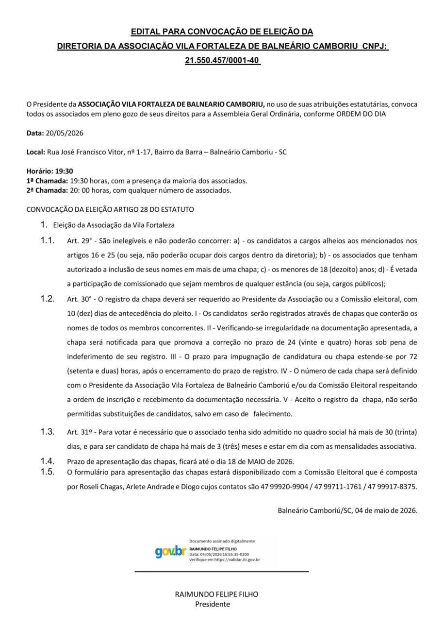 Associação Vila Fortaleza convoca eleição da diretoria e gera expectativa em Balneário Camboriú