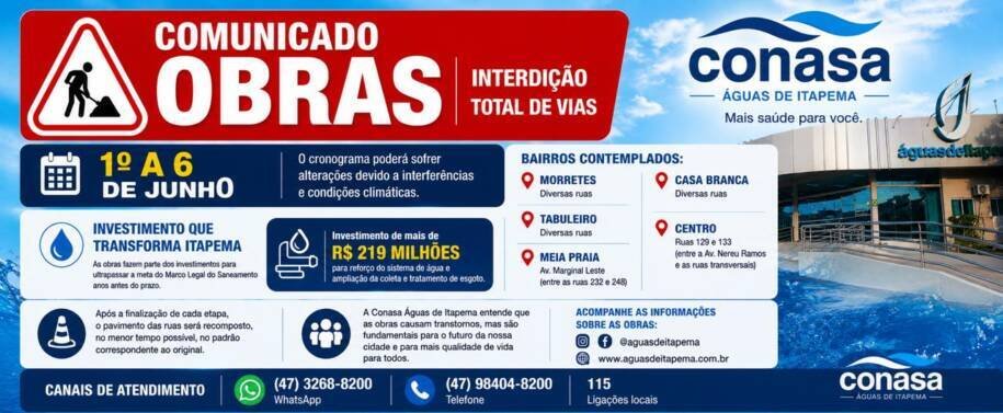 Conasa Águas de Itapema inicia obras de esgoto e interdita ruas entre 1º e 6 de junho