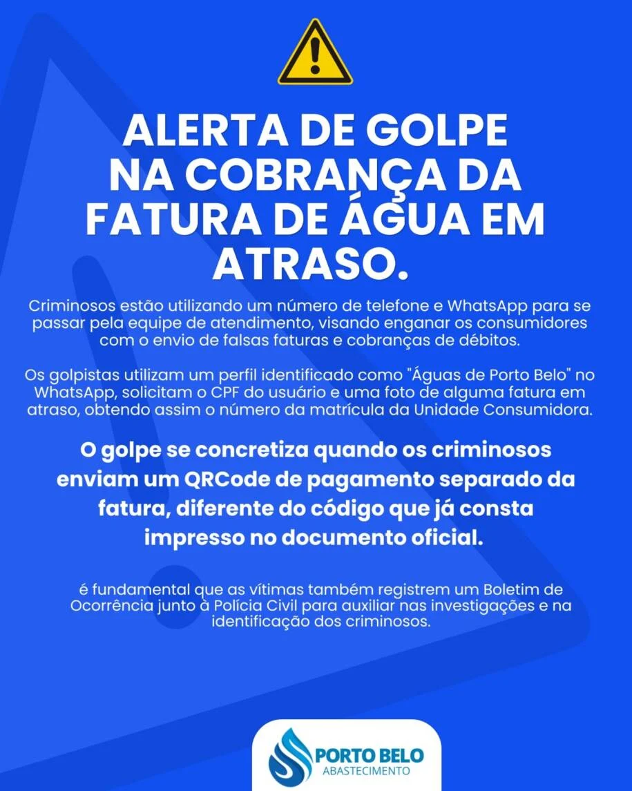 Porto Belo Abastecimento alerta sobre golpe de fatura via WhatsApp que preocupa moradores