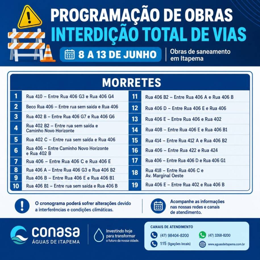 Conasa Águas de Itapema inicia obras de saneamento com interdições em ruas
