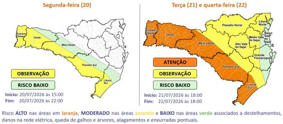 Defesa Civil alerta para alagamentos e temporais em Santa Catarina nesta semana