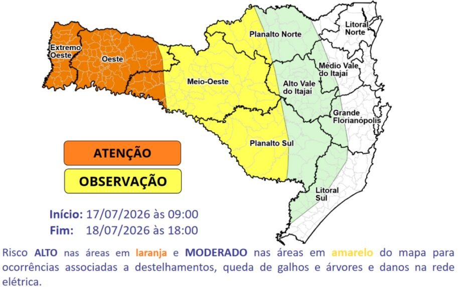 Defesa Civil alerta: ventos em SC podem ultrapassar 80 km/h e temporais se aproximam