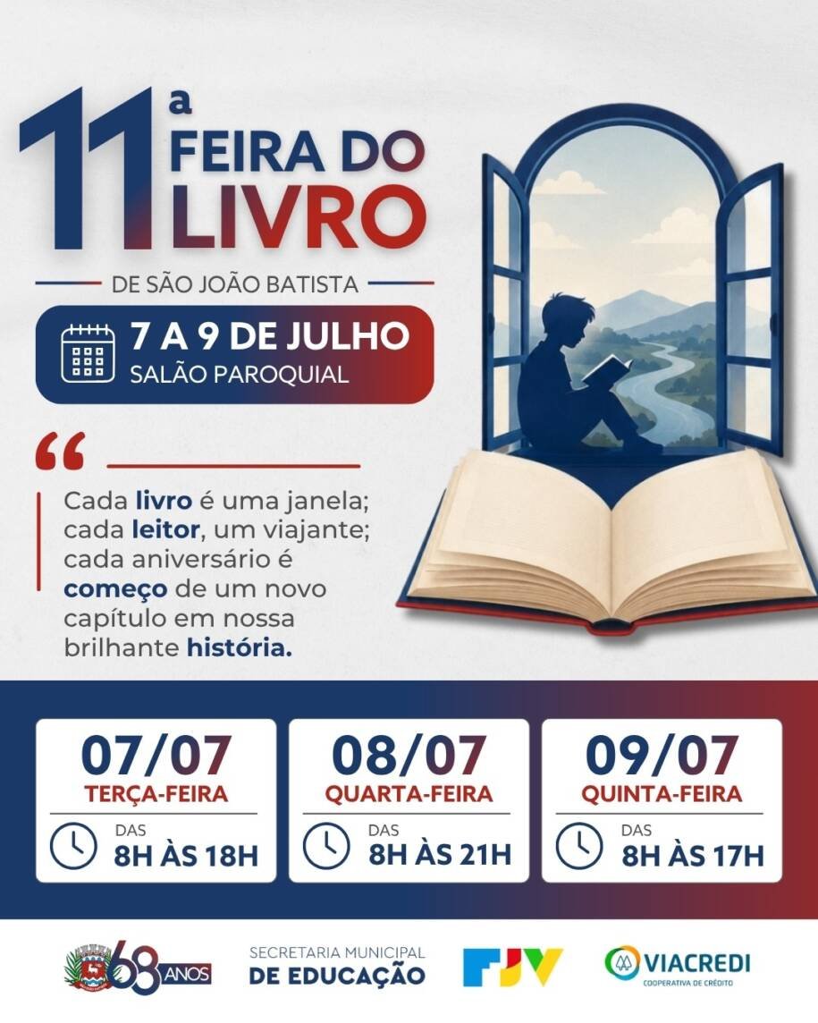 São João Batista celebra 68 anos com 11ª Feira do Livro e atrações imperdíveis