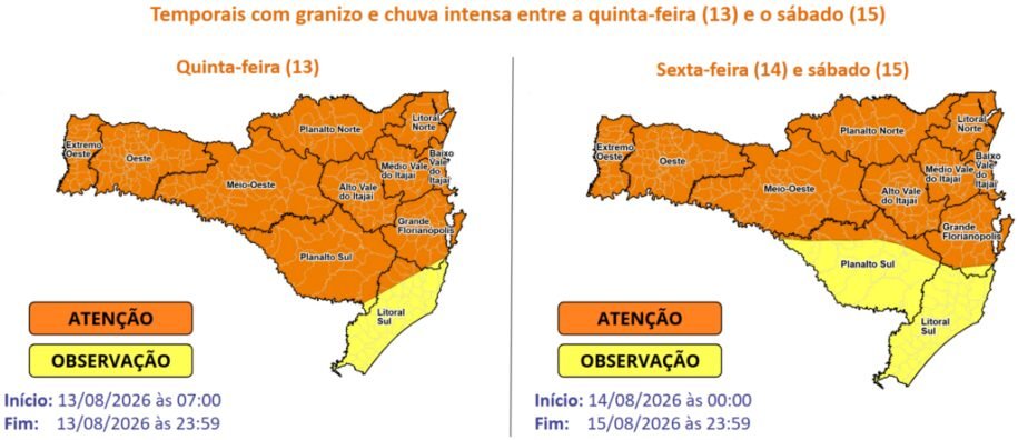 Defesa Civil de SC alerta para temporais severos entre 13 e 15 de outubro