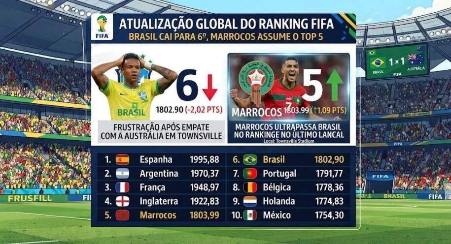 Brasil perde posição no ranking da Fifa após empate frustrante com Austrália