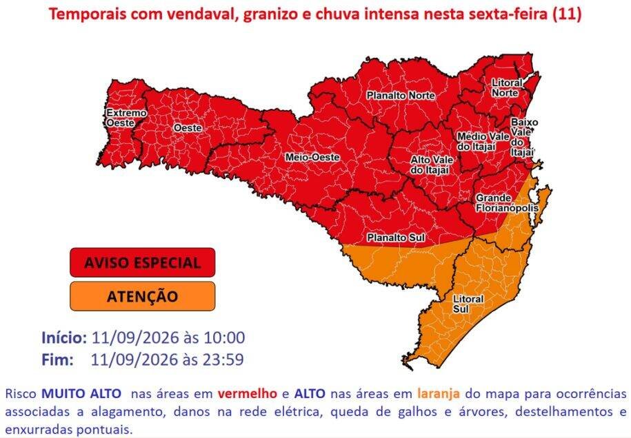 Defesa Civil de SC decreta emergência em 7 municípios após chuvas intensas