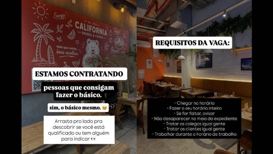 Restaurante California expõe exigências básicas e gera polêmica sobre trabalho